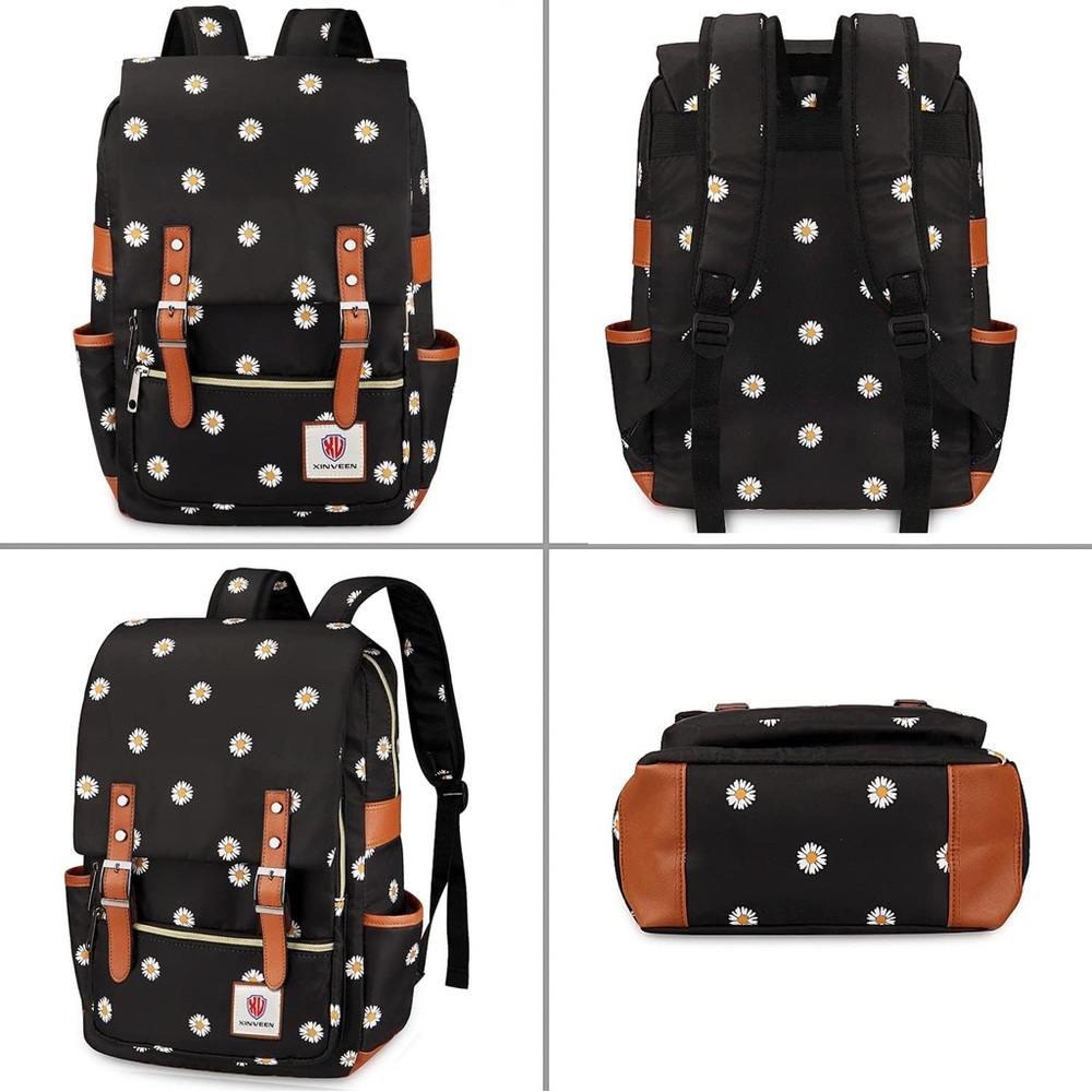 Xinveen Black with Daisies Slim Vintage Laptop Backpack - New - Picture 8 of 10